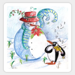 SNOWMAN AND  WINTER SERENADE OF VIOLINIST PENGUIN Sticker